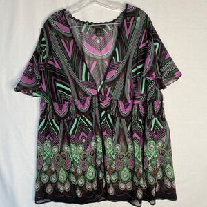 Lane Bryant Popover Top Womens Sz 22-24 Y2K Babydoll Artsy Sheer Casual Colorful